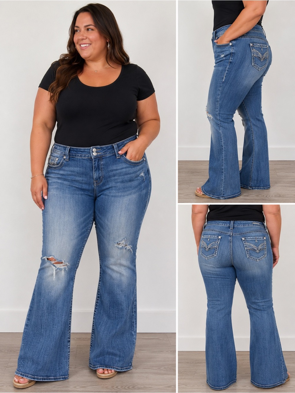 Vigoss Faded Blue Distressed Flare Jeans